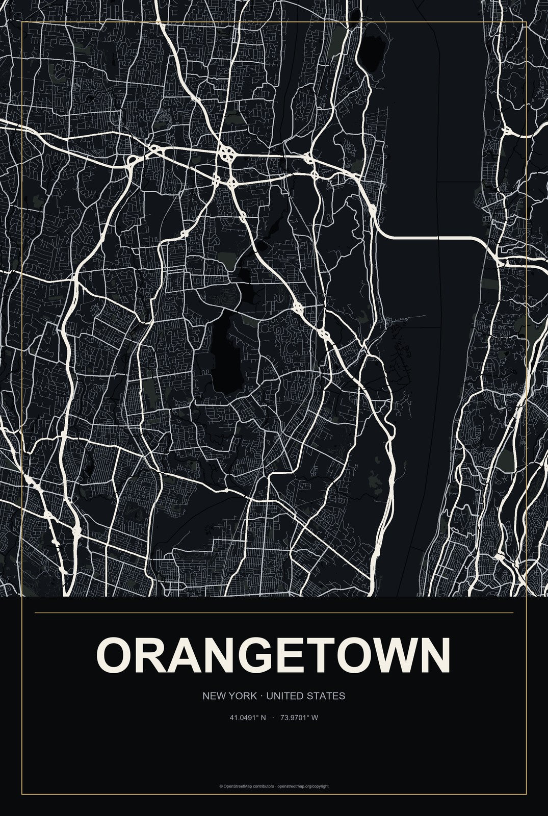 Orangetown, New York City Map Aluminum Sign in Metropolitan Noir style