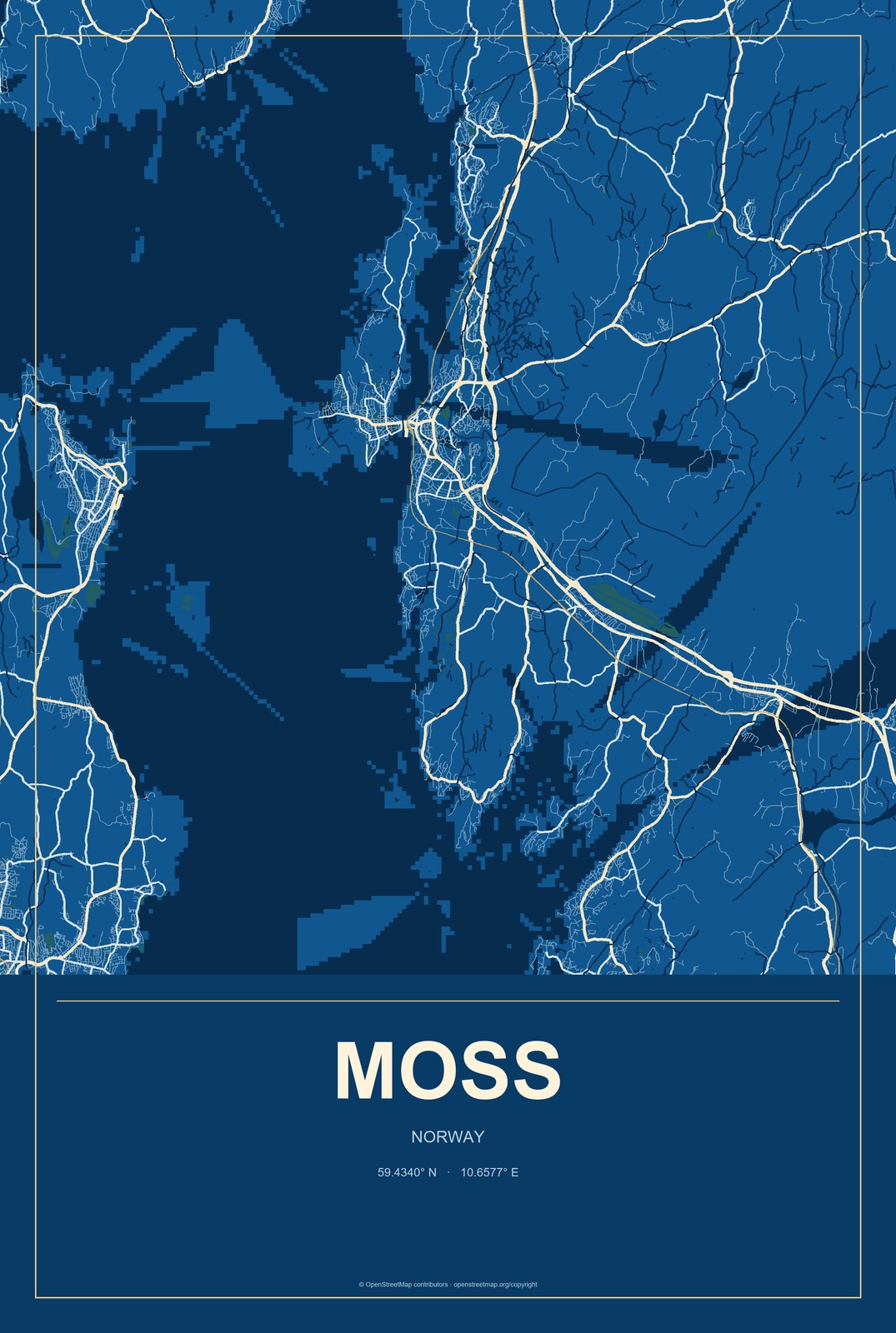 Moss, Norway City Map Aluminum Sign in Harbor Cobalt style