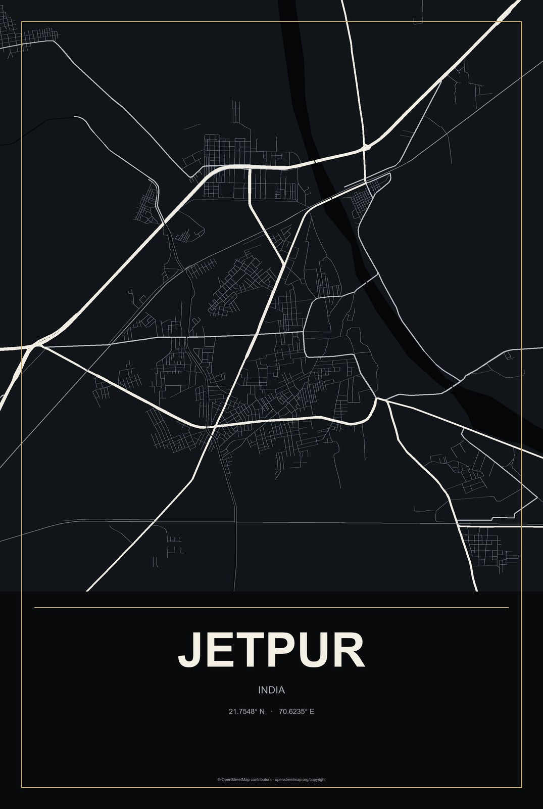 Jetpur, India City Map Aluminum Sign in Metropolitan Noir style