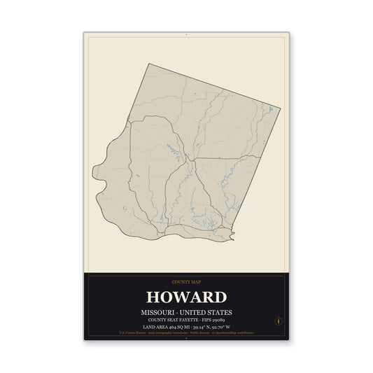 Howard County, Missouri Map Aluminum Sign in Museum Plaque style
