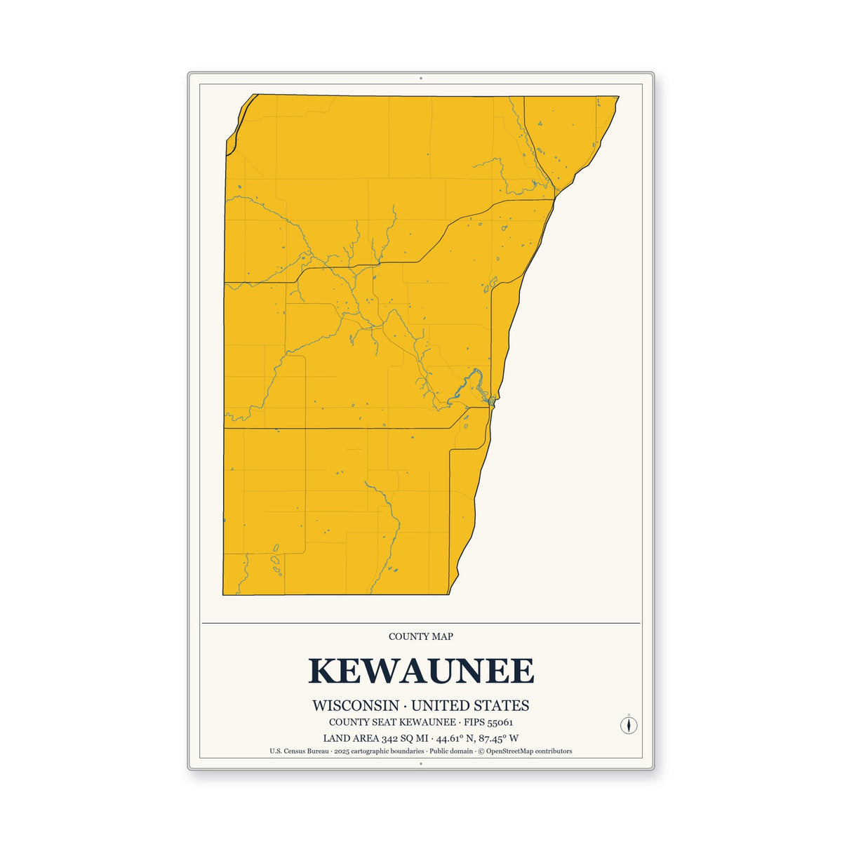 Kewaunee County, Wisconsin Map Aluminum Sign in Citrine Modern style