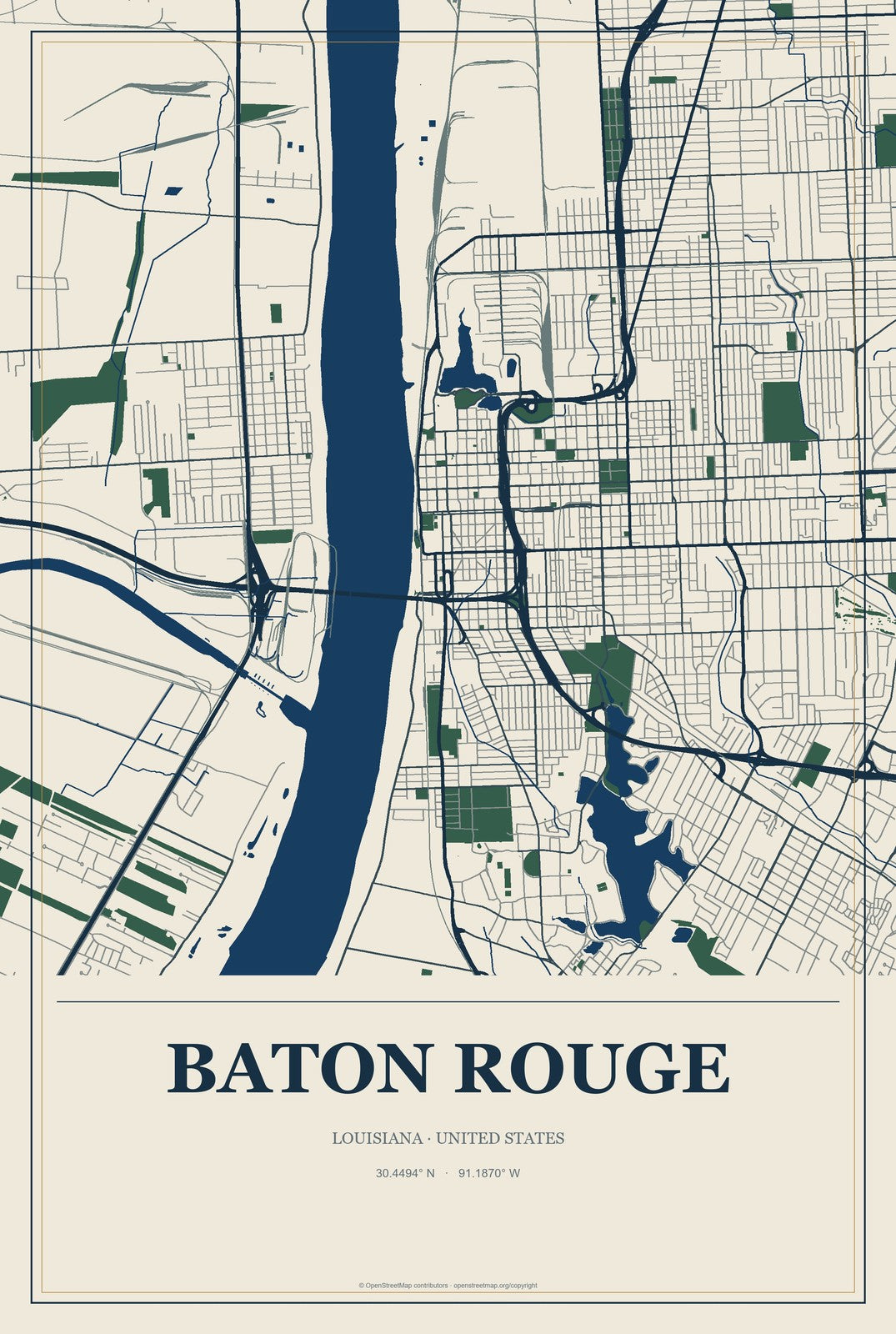 Baton Rouge, Louisiana City Map Aluminum Sign in Coastal Cutout style