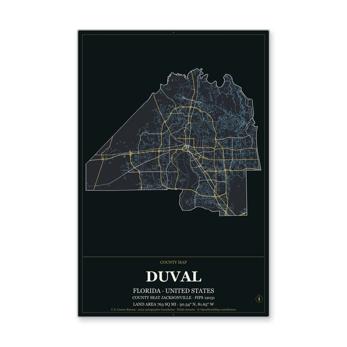 Duval County, Florida Map Aluminum Sign in Metropolitan Noir style