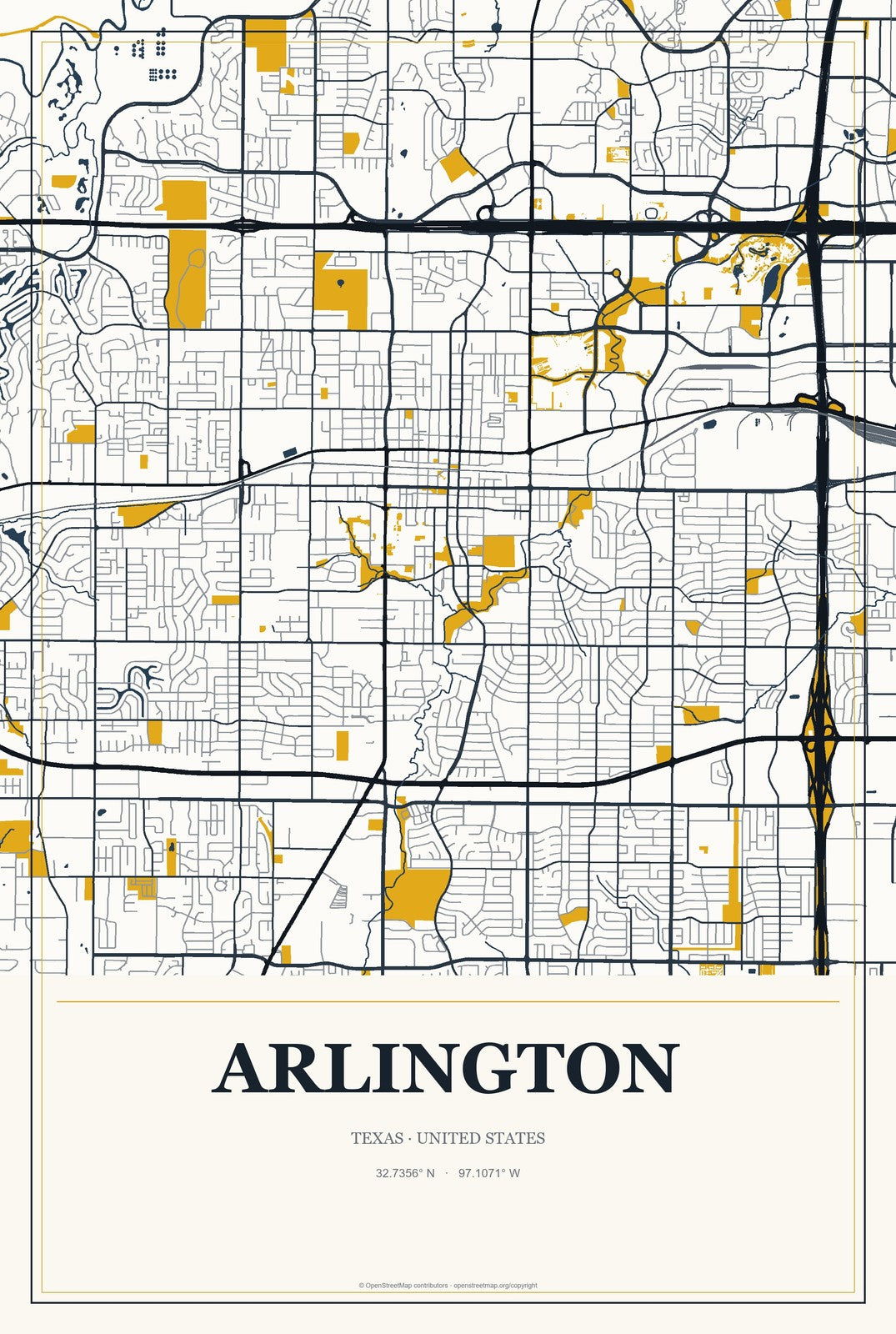 Arlington, Texas City Map Aluminum Sign in Citrine Modern style