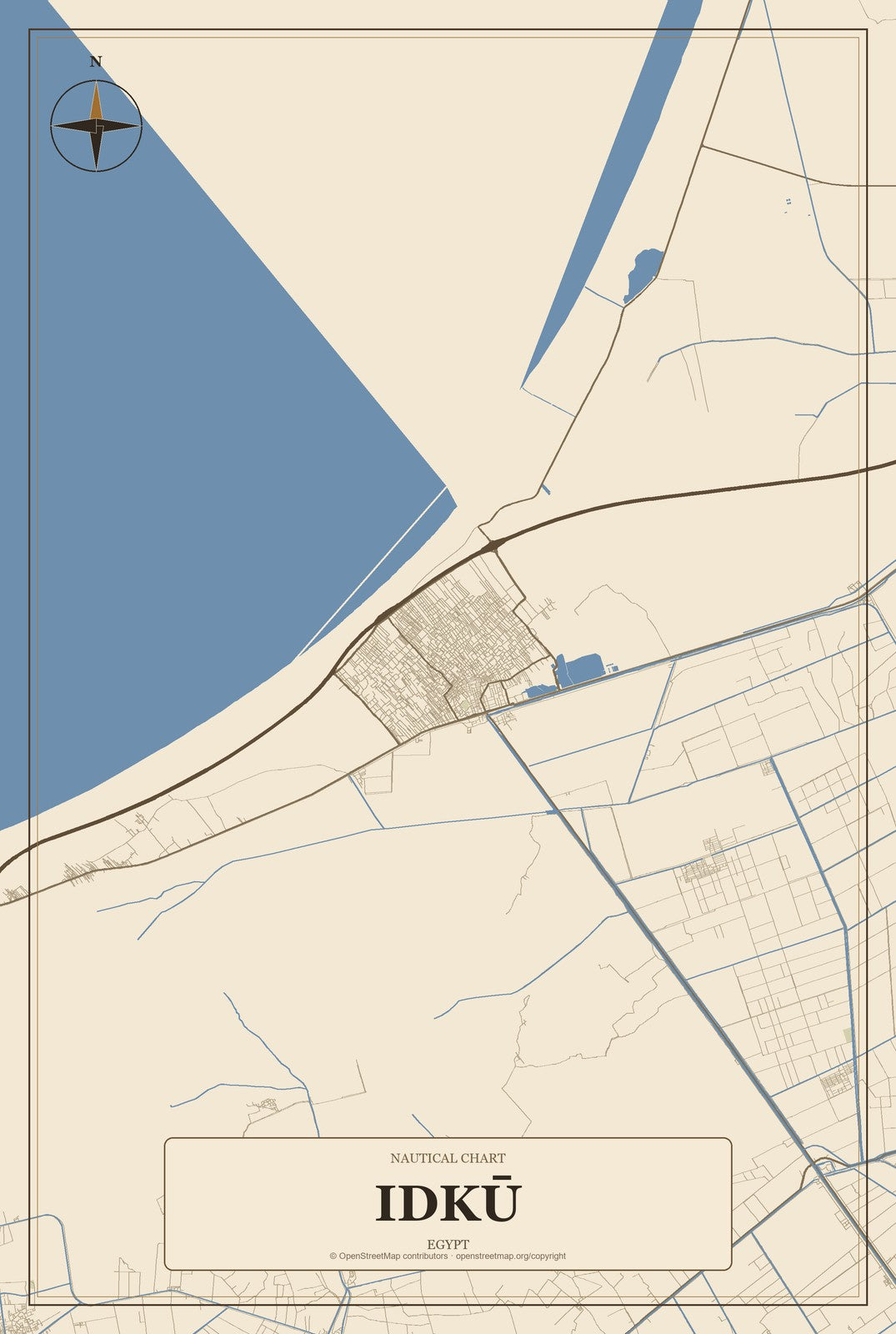 Idkū, Egypt City Map Aluminum Sign in Heritage Nautical style