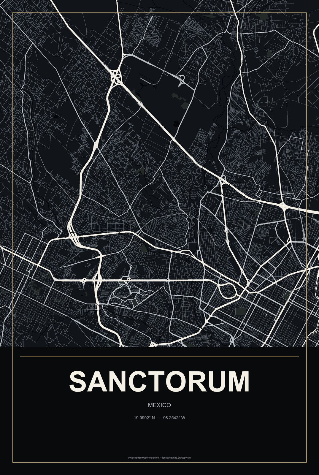Sanctorum, Mexico City Map Aluminum Sign in Metropolitan Noir style
