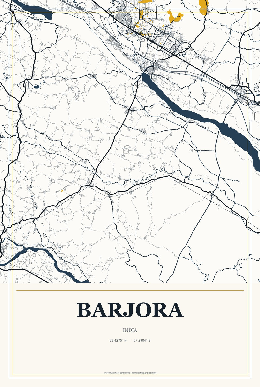 Barjora, India City Map Aluminum Sign in Citrine Modern style