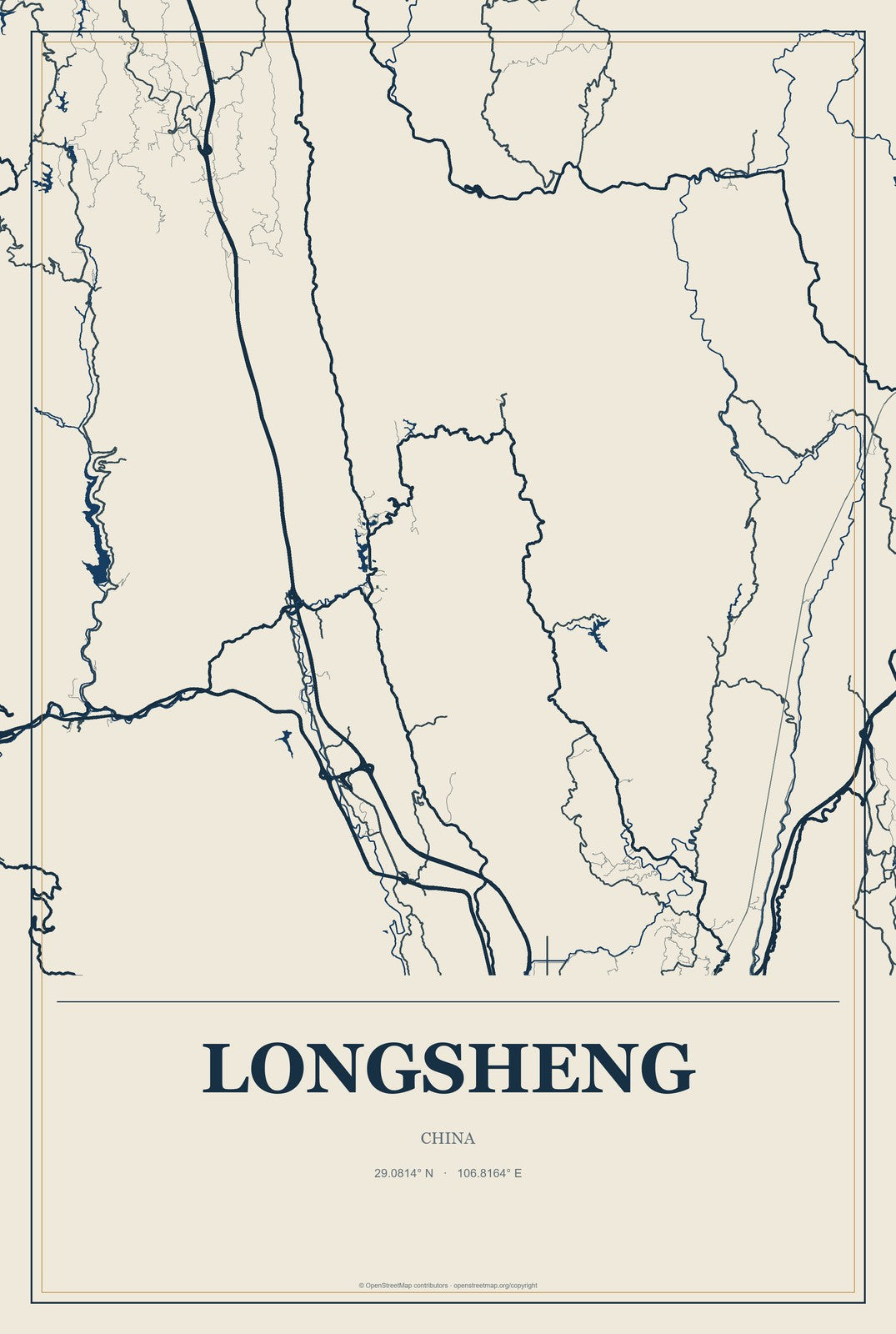 Longsheng, China City Map Aluminum Sign in Coastal Cutout style