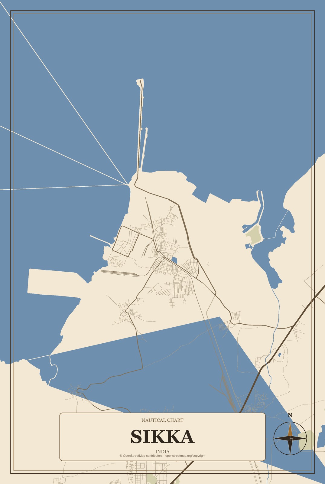 Sikka, India City Map Aluminum Sign in Heritage Nautical style