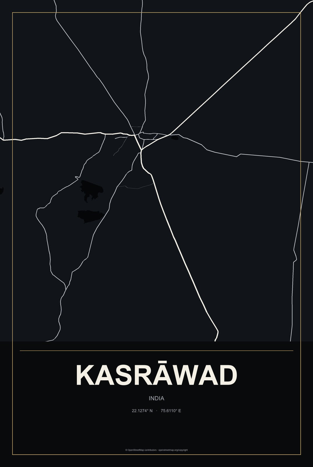 Kasrāwad, India City Map Aluminum Sign in Metropolitan Noir style