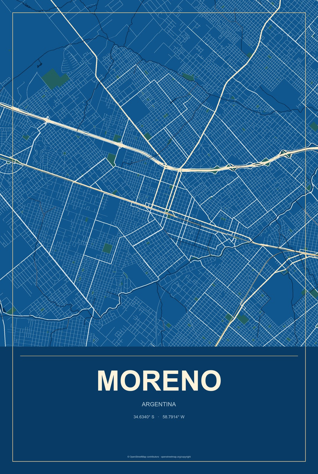 Moreno, Argentina City Map Aluminum Sign in Harbor Cobalt style