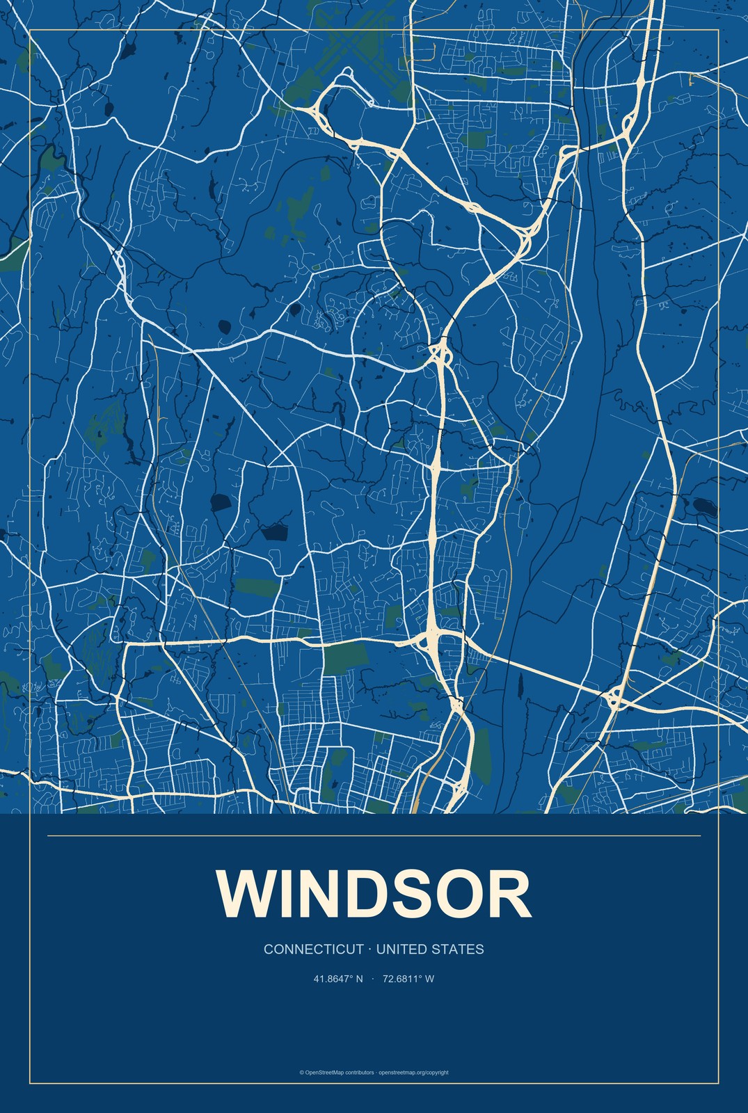 Windsor, Connecticut City Map Aluminum Sign in Harbor Cobalt style
