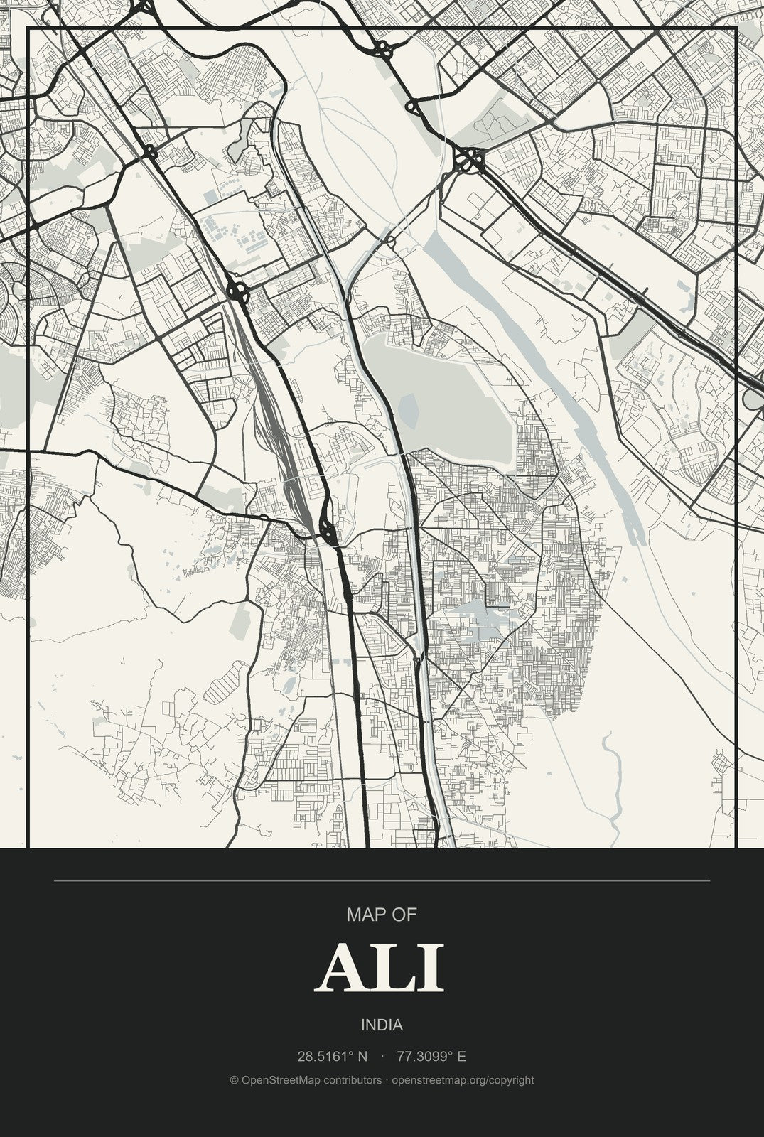 Ali, India City Map Aluminum Sign in Museum Plaque style