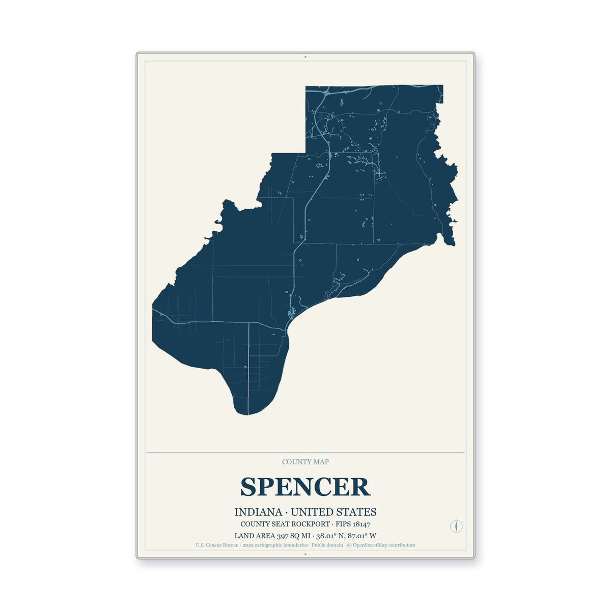 Spencer County, Indiana Map Aluminum Sign in Coastal Cutout style