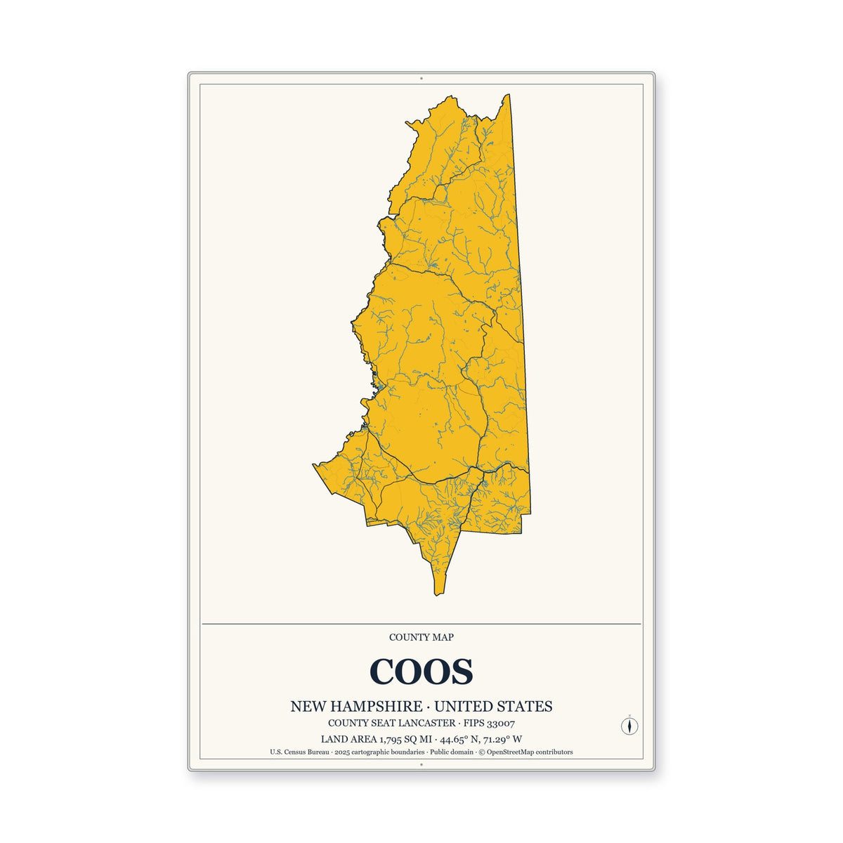 Coos County, New Hampshire Map Aluminum Sign in Citrine Modern style