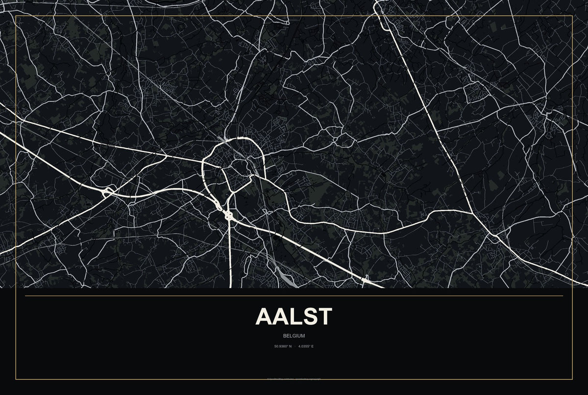 Aalst, Belgium City Map Aluminum Sign in Metropolitan Noir style