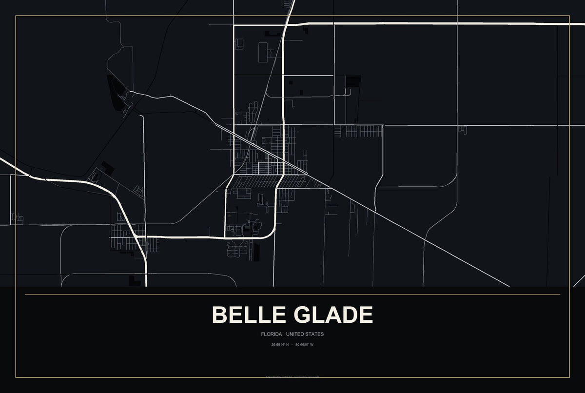 Belle Glade, Florida City Map Aluminum Sign in Metropolitan Noir style