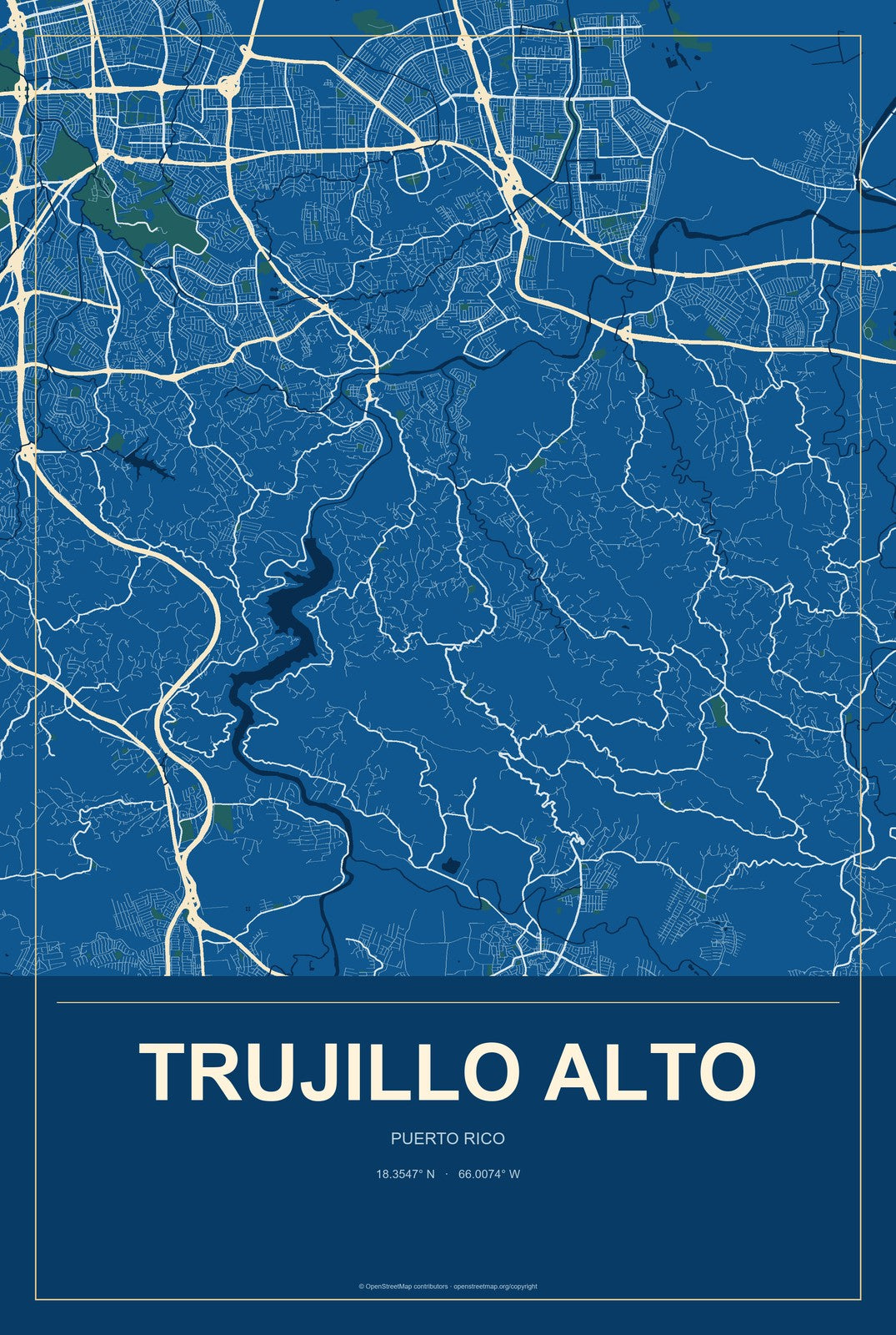 Trujillo Alto, Puerto Rico City Map Aluminum Sign in Harbor Cobalt style