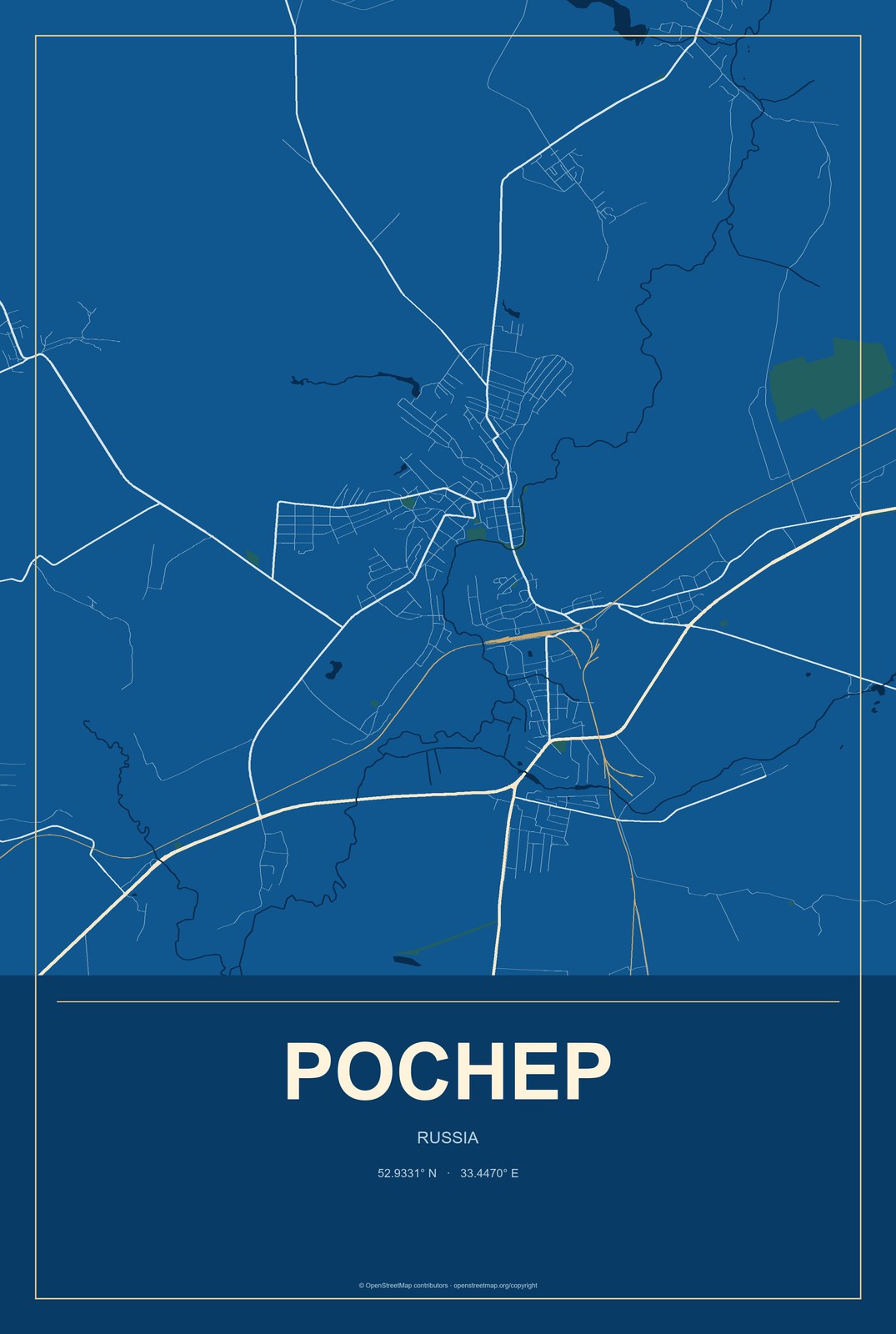 Pochep, Russia City Map Aluminum Sign in Harbor Cobalt style