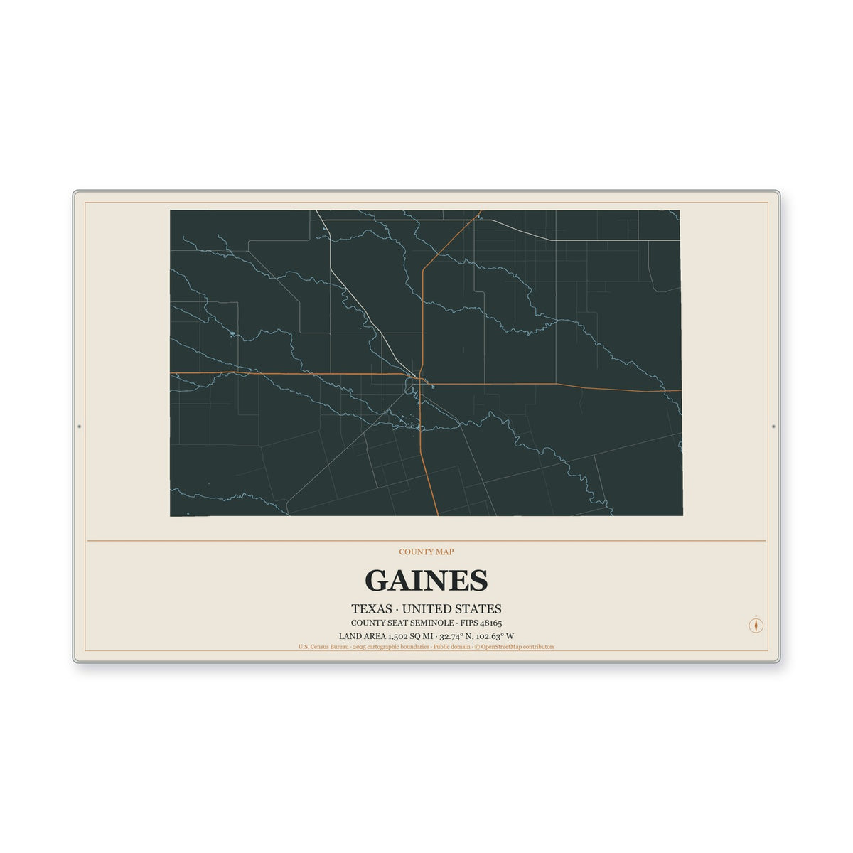 Gaines County, Texas Map Aluminum Sign in Headline Atlas style