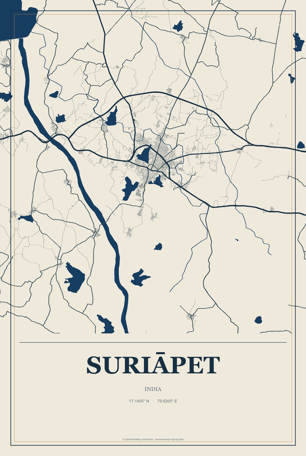 Suriāpet, India City Map Aluminum Sign in Coastal Cutout style