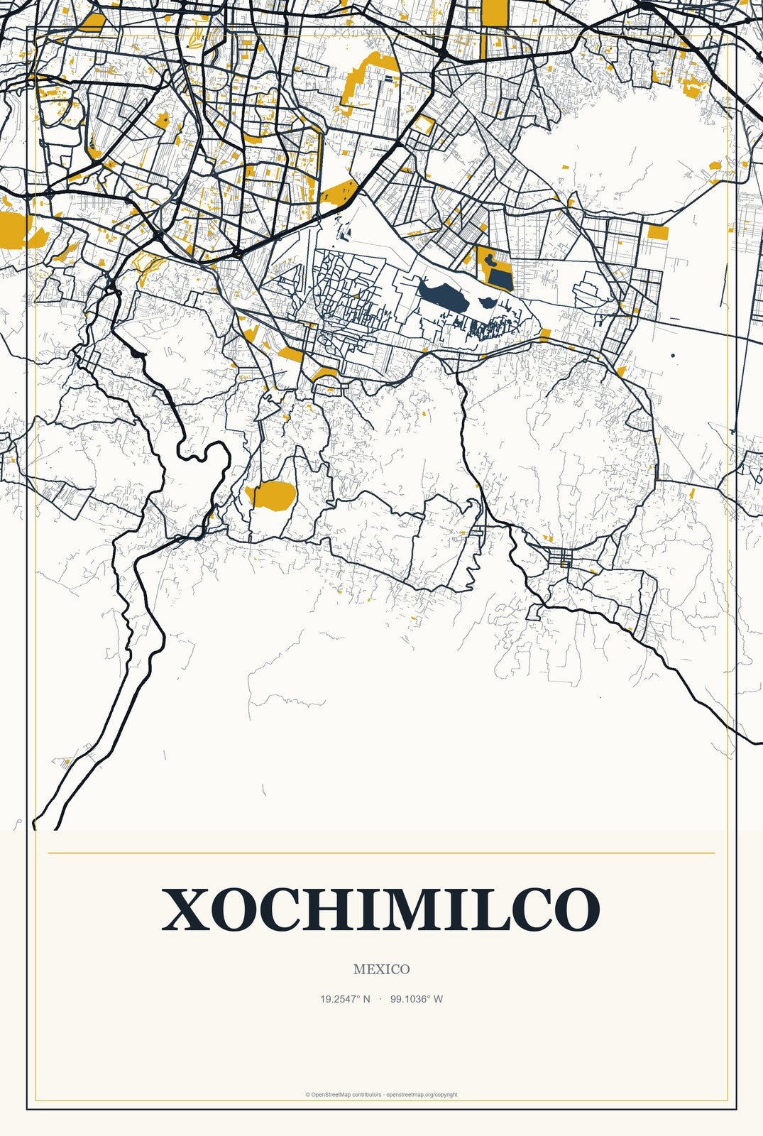 Xochimilco, Mexico City Map Aluminum Sign in Citrine Modern style