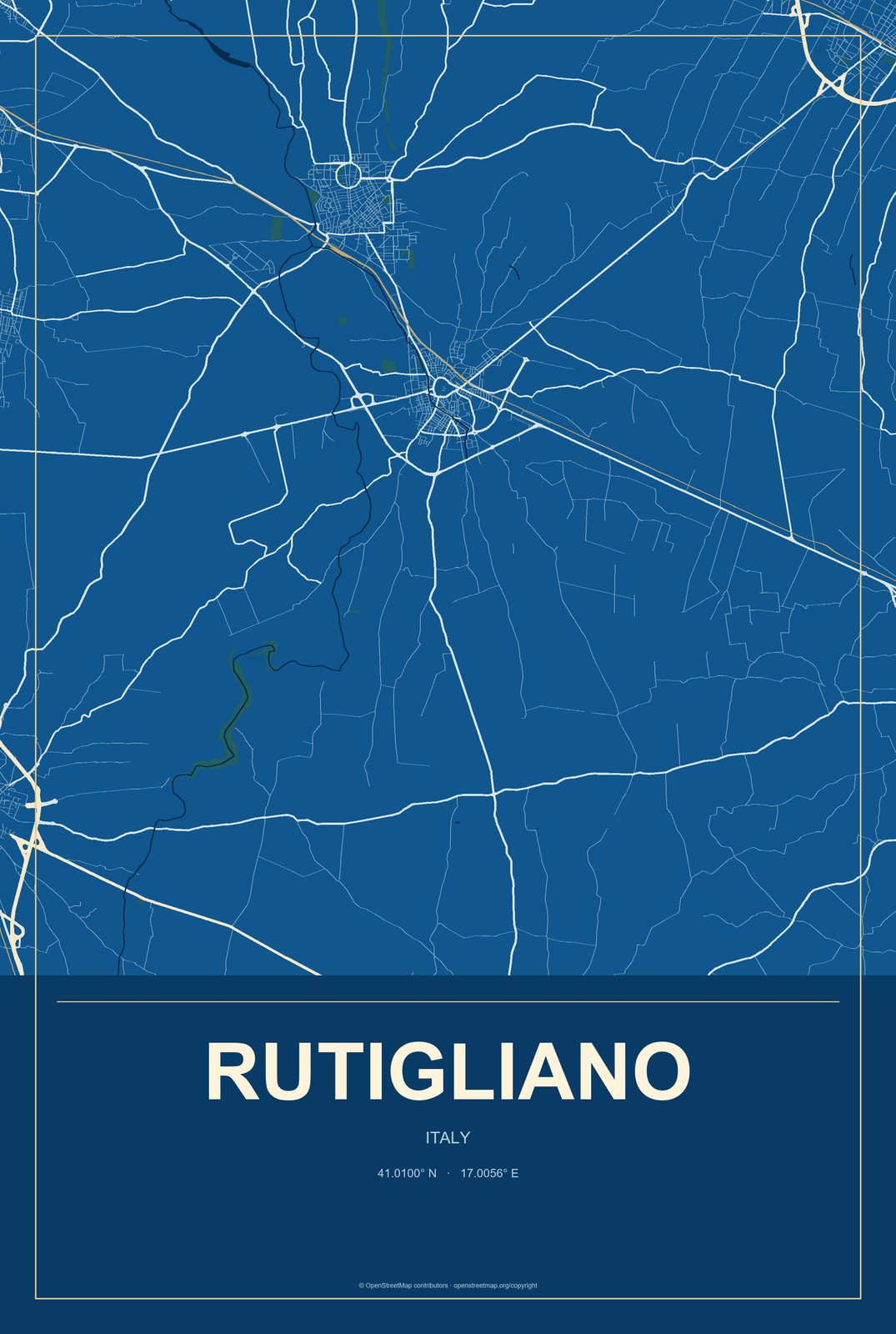 Rutigliano, Italy City Map Aluminum Sign in Harbor Cobalt style