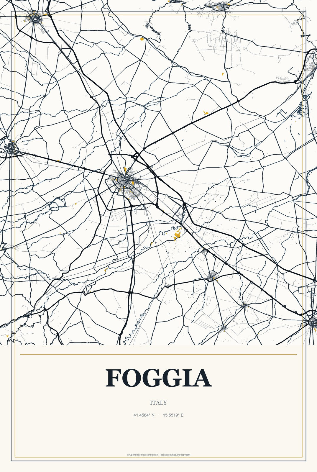 Foggia, Italy City Map Aluminum Sign in Citrine Modern style