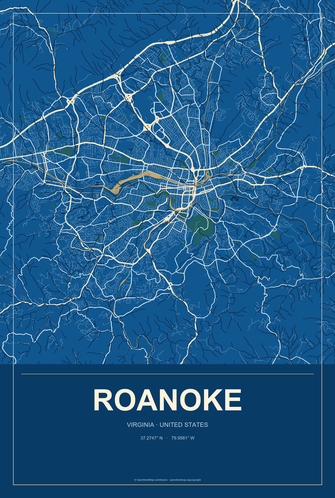 Roanoke, Virginia City Map Aluminum Sign in Harbor Cobalt style