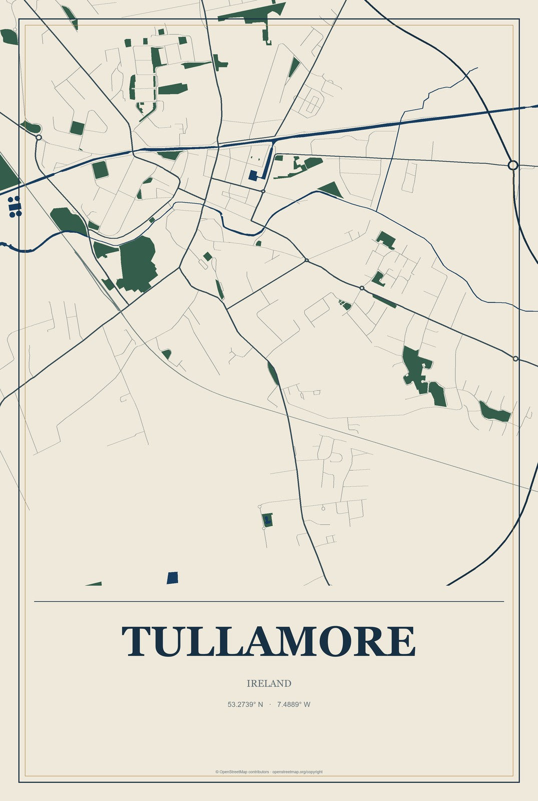 Tullamore, Ireland City Map Aluminum Sign in Coastal Cutout style