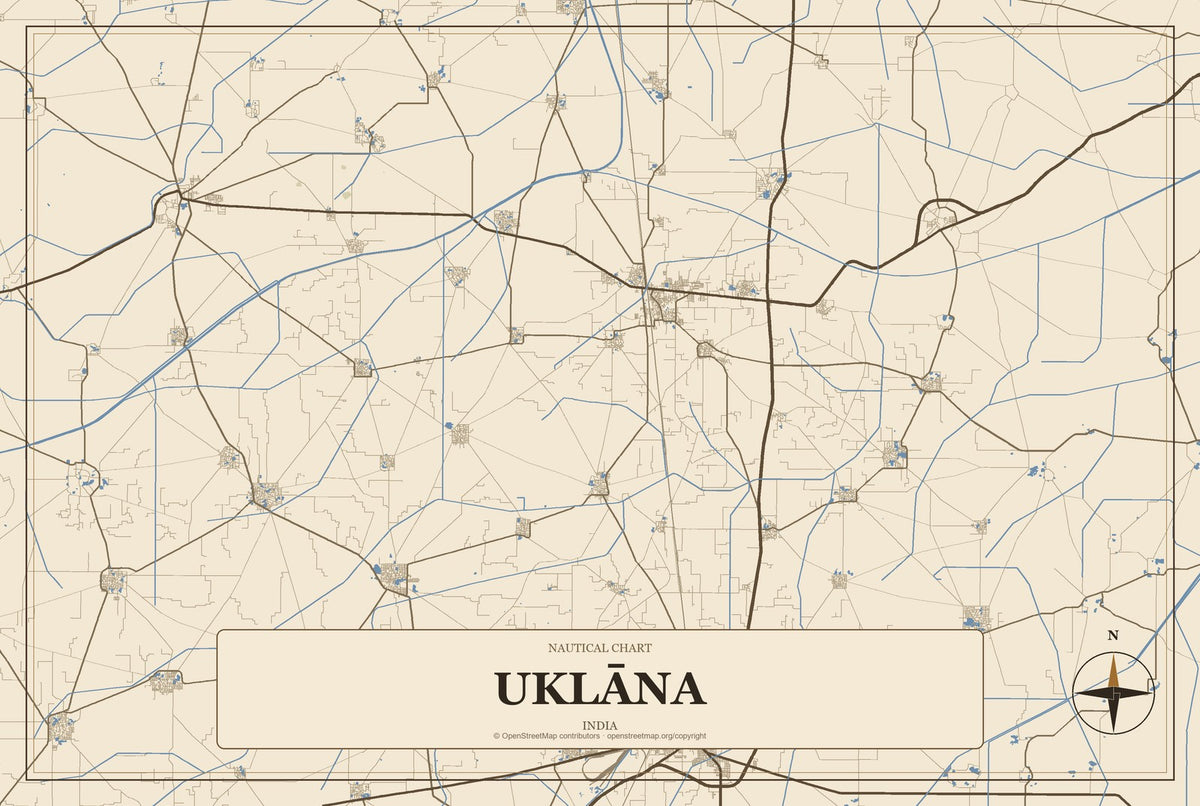 Uklāna, India City Map Aluminum Sign in Heritage Nautical style
