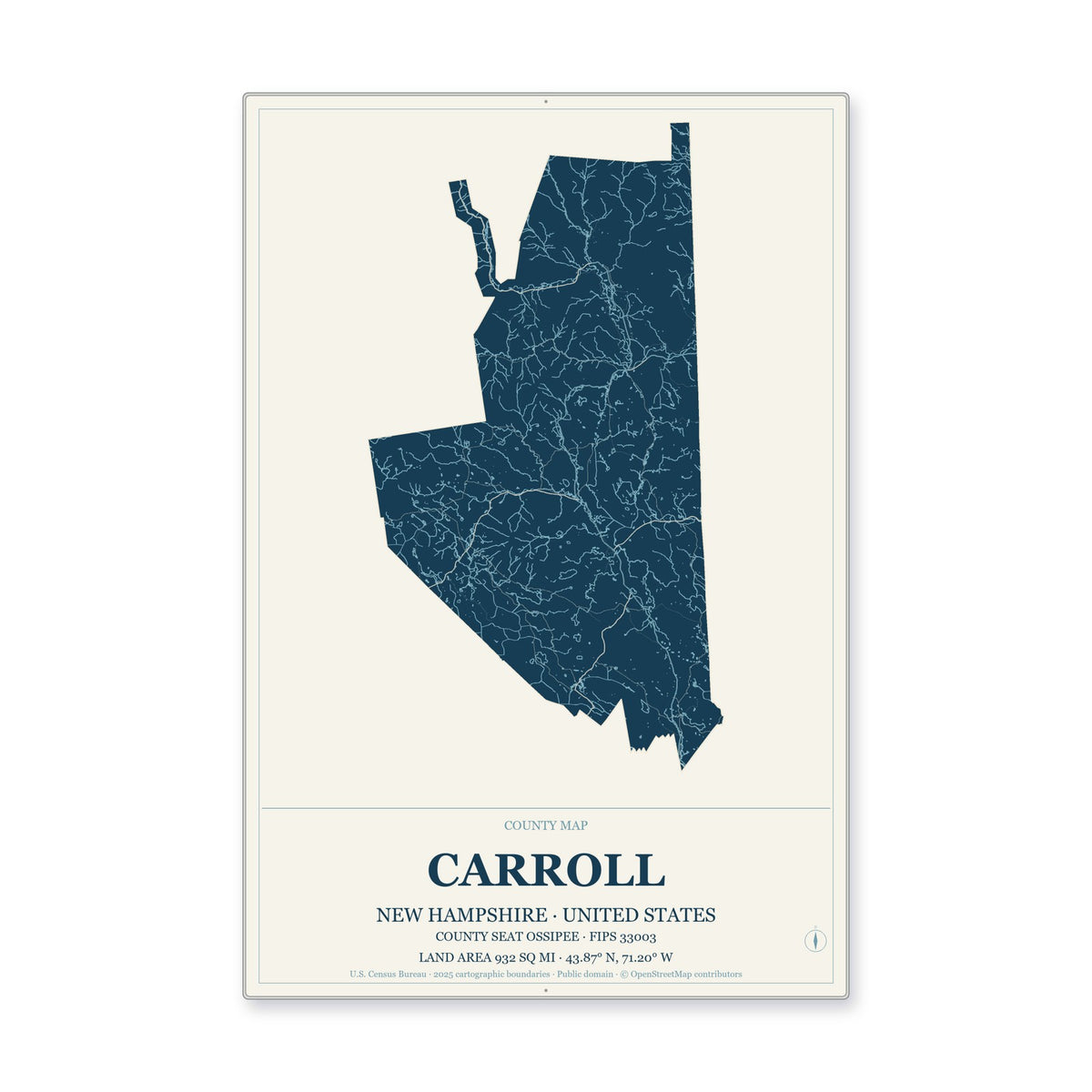 Carroll County, New Hampshire Map Aluminum Sign in Coastal Cutout style