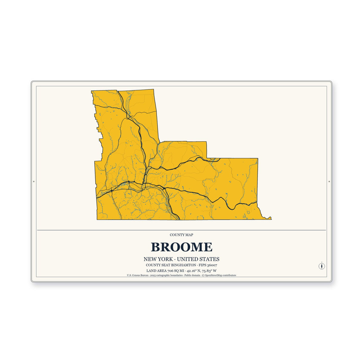Broome County, New York Map Aluminum Sign in Citrine Modern style