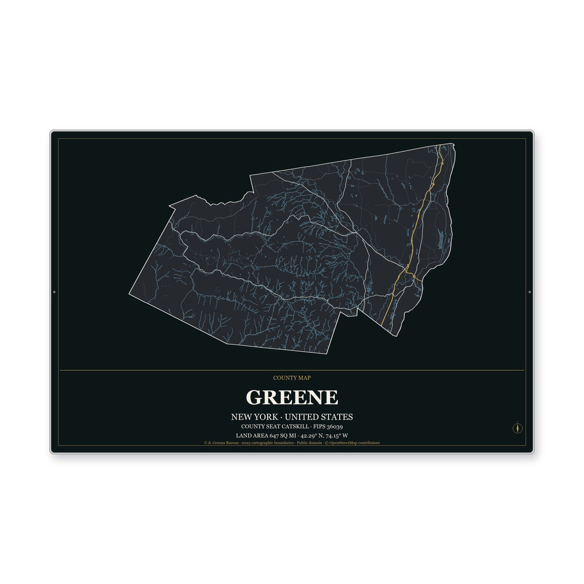Greene County, New York Map Aluminum Sign in Metropolitan Noir style