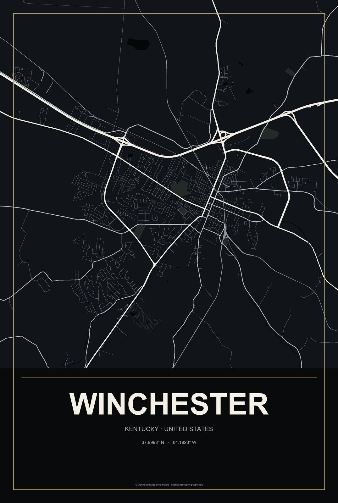 Winchester, Kentucky City Map Aluminum Sign in Metropolitan Noir style
