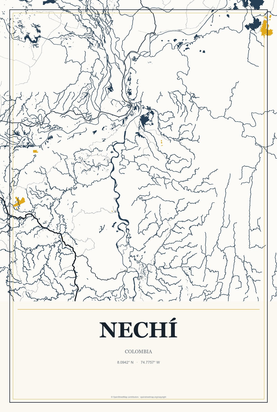 Nechí, Colombia City Map Aluminum Sign in Citrine Modern style