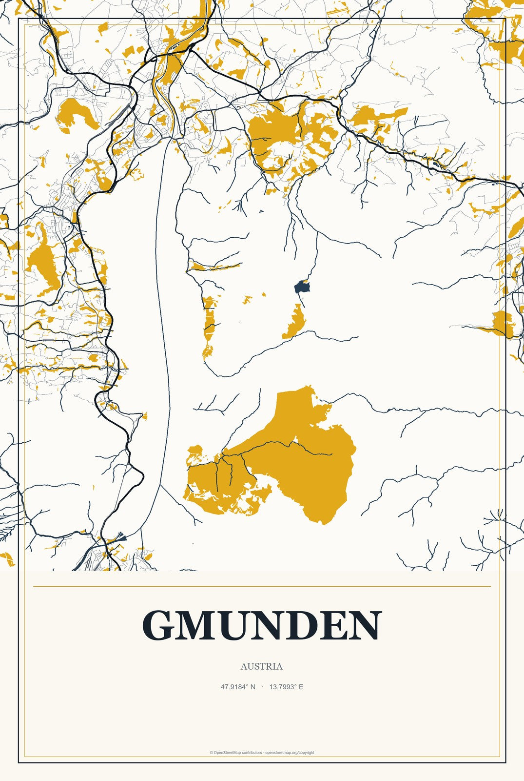 Gmunden, Austria City Map Aluminum Sign in Citrine Modern style