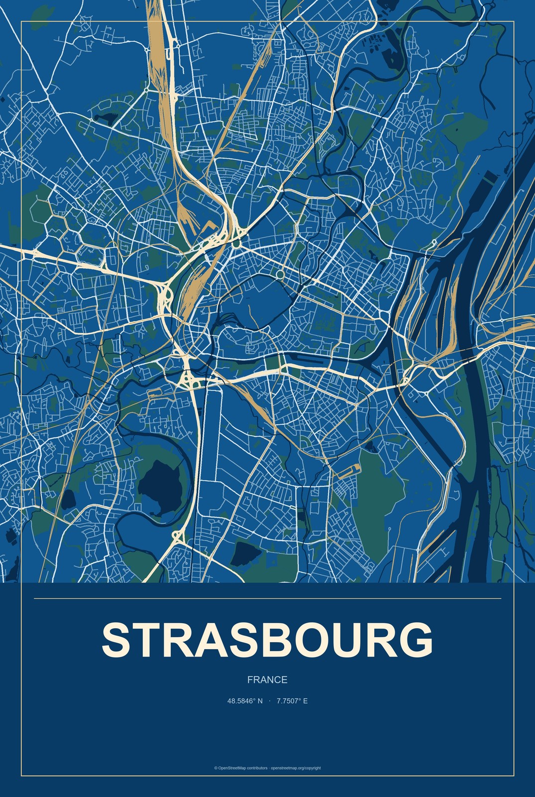 Strasbourg, France City Map Aluminum Sign in Harbor Cobalt style