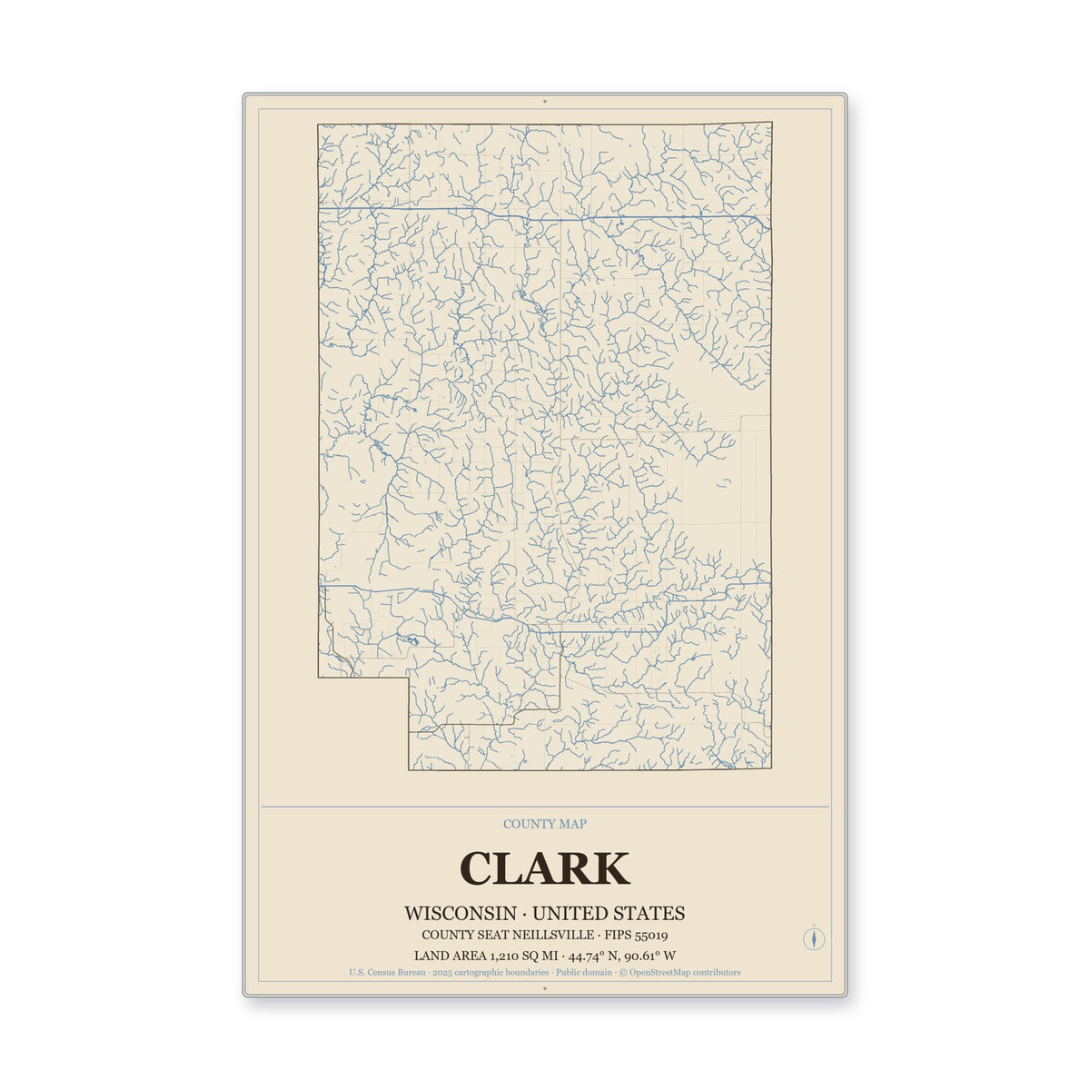 Clark County, Wisconsin Map Aluminum Sign in Heritage Nautical style