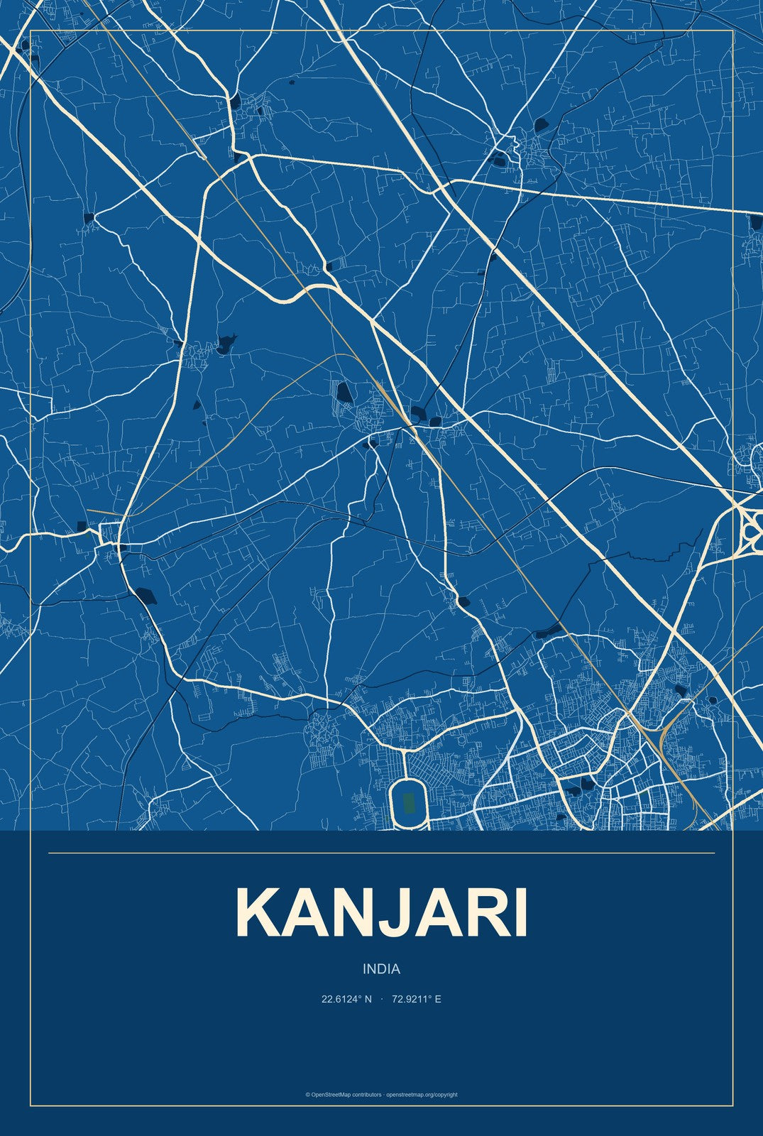 Kanjari, India City Map Aluminum Sign in Harbor Cobalt style