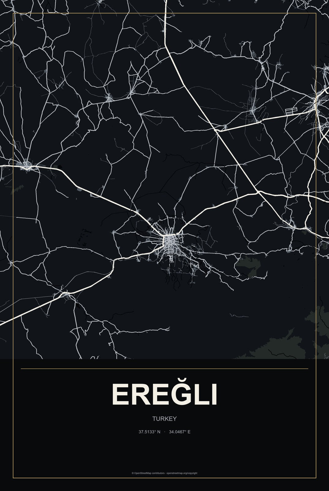 Ereğli, Zonguldak Province, Turkey City Map Aluminum Sign in Metropolitan Noir style