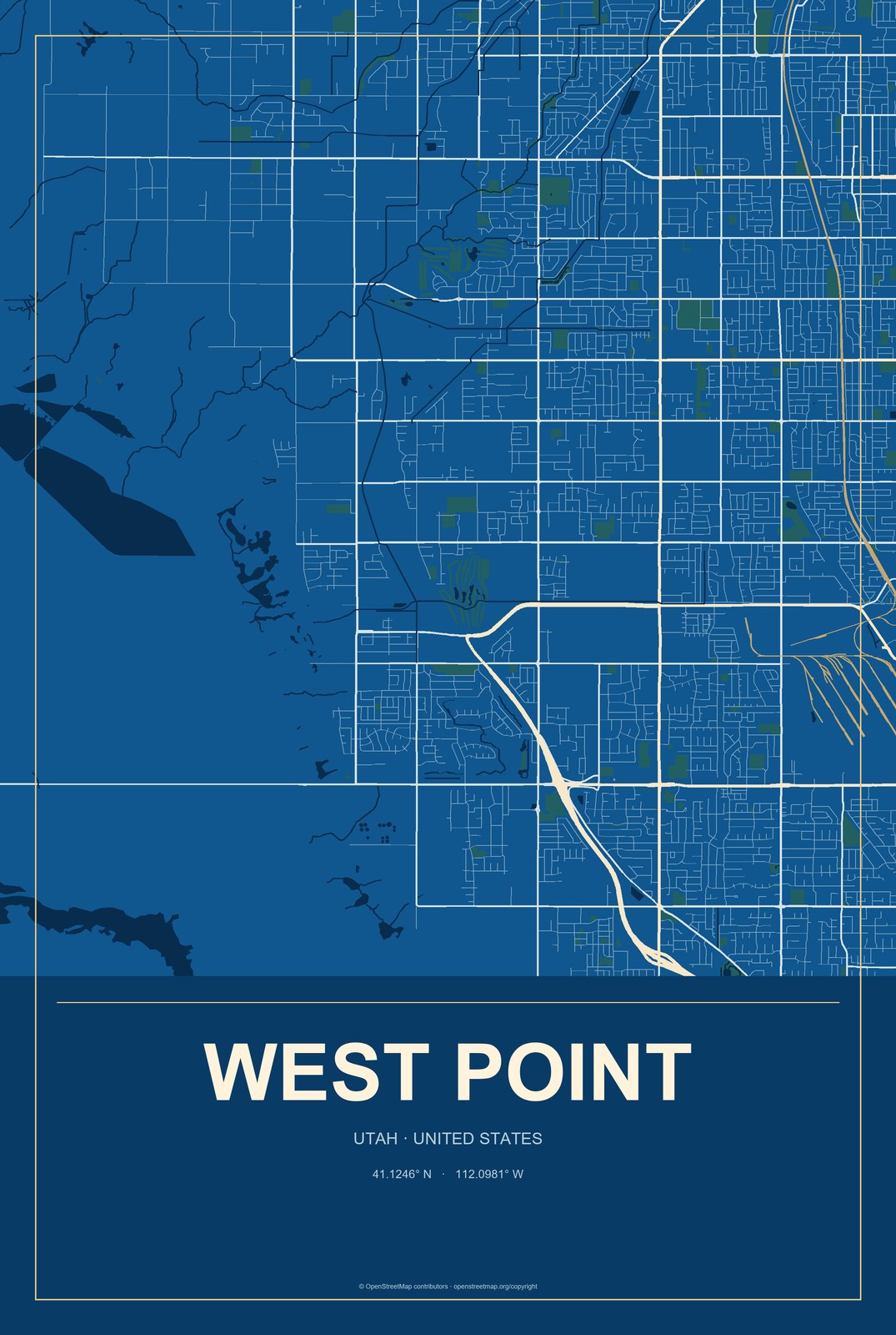 West Point, Utah City Map Aluminum Sign in Harbor Cobalt style