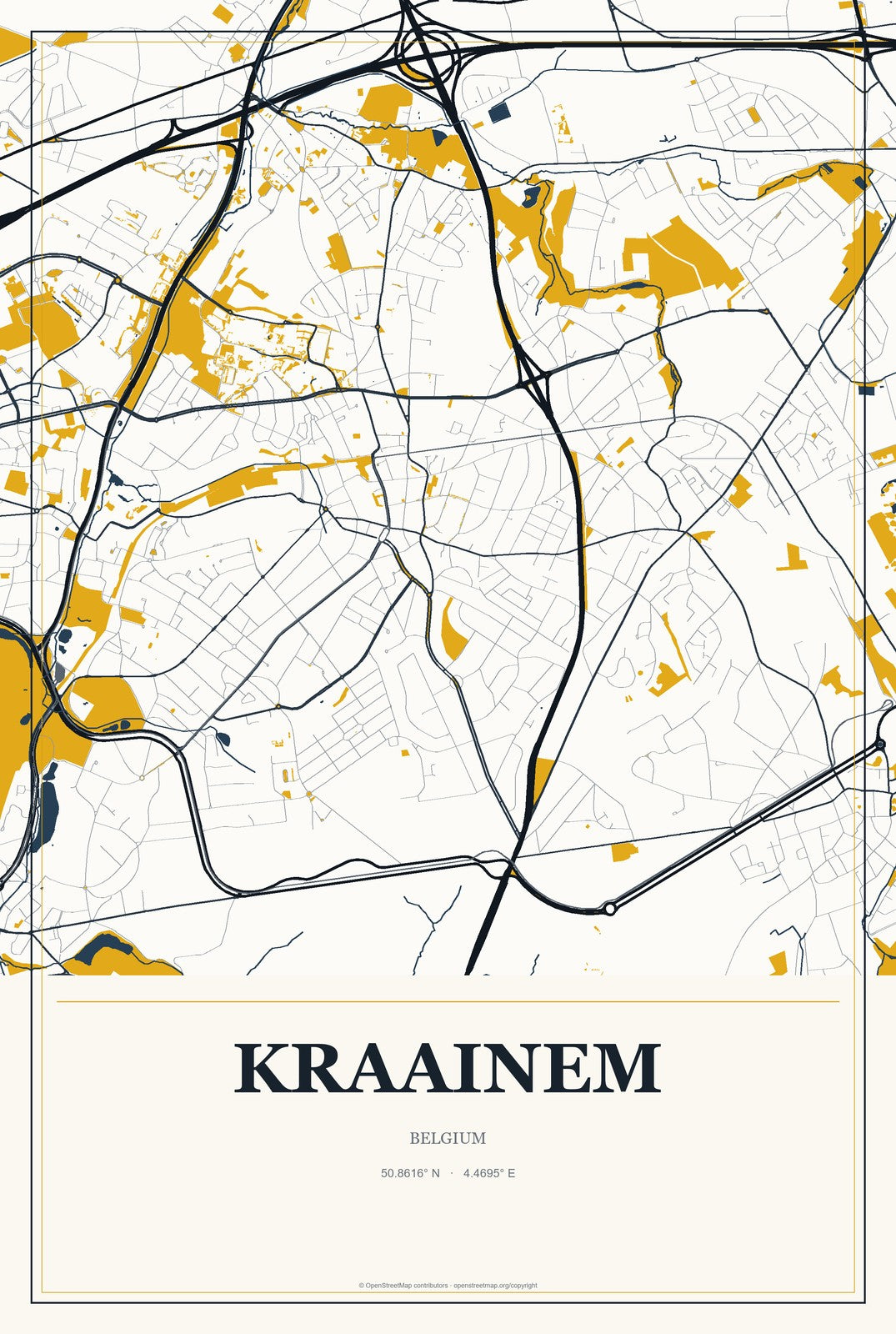 Kraainem, Belgium City Map Aluminum Sign in Citrine Modern style
