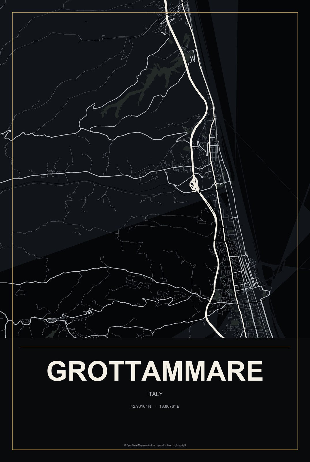 Grottammare, Italy City Map Aluminum Sign in Metropolitan Noir style