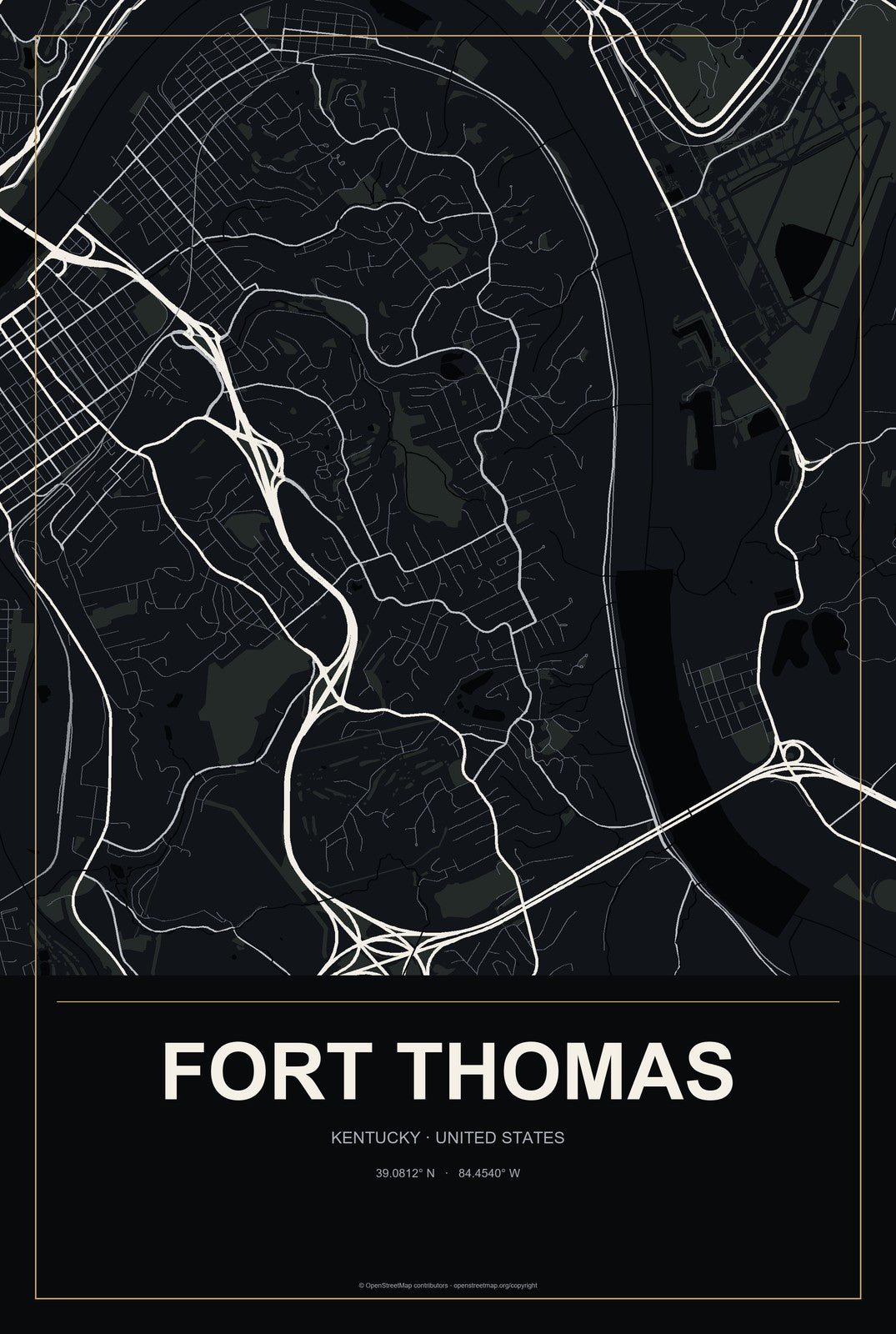 Fort Thomas, Kentucky City Map Aluminum Sign in Metropolitan Noir style