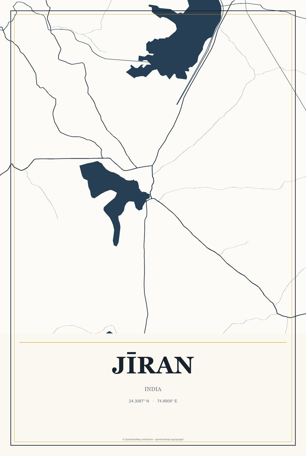 Jīran, India City Map Aluminum Sign in Citrine Modern style