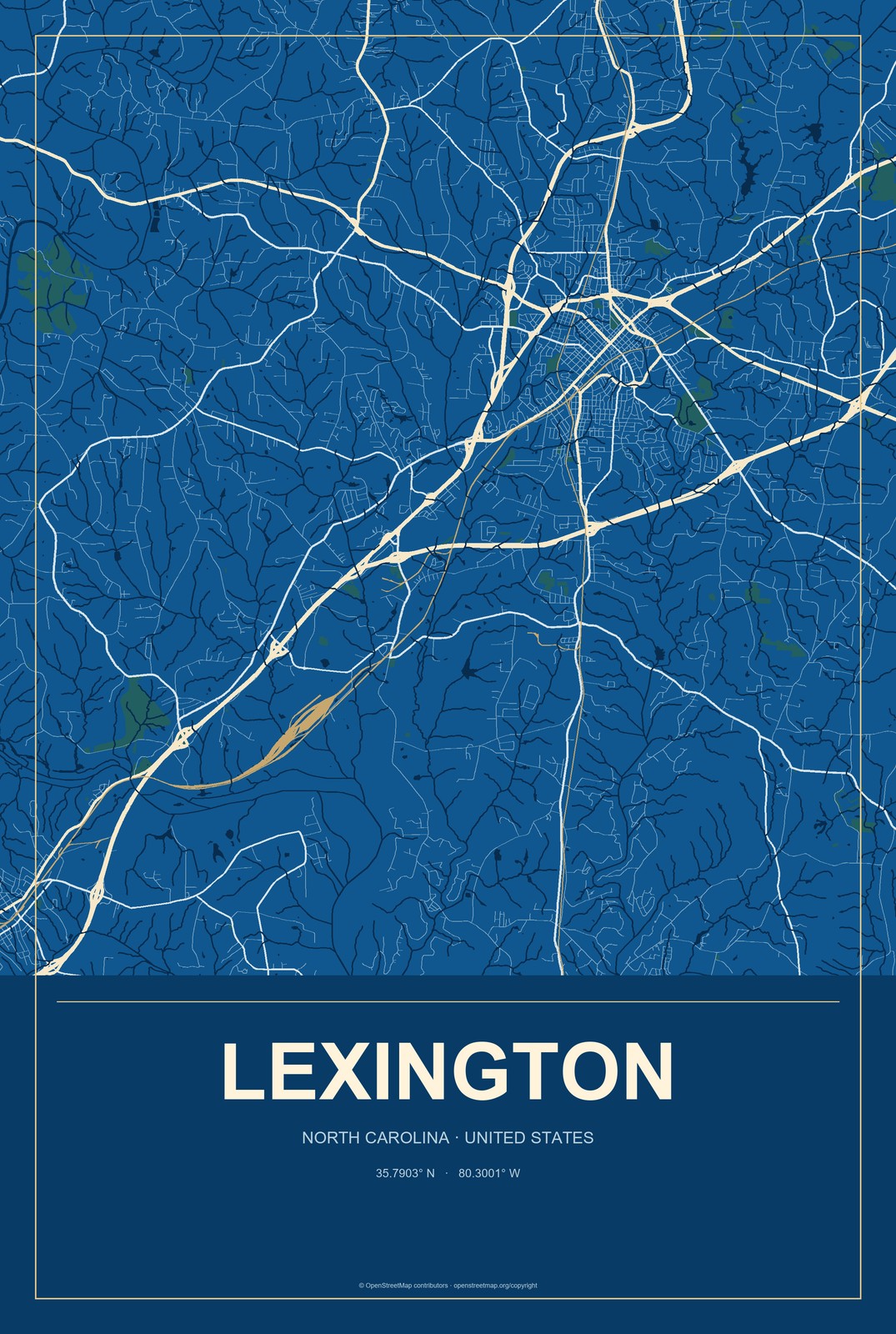 Lexington, North Carolina City Map Aluminum Sign in Harbor Cobalt style