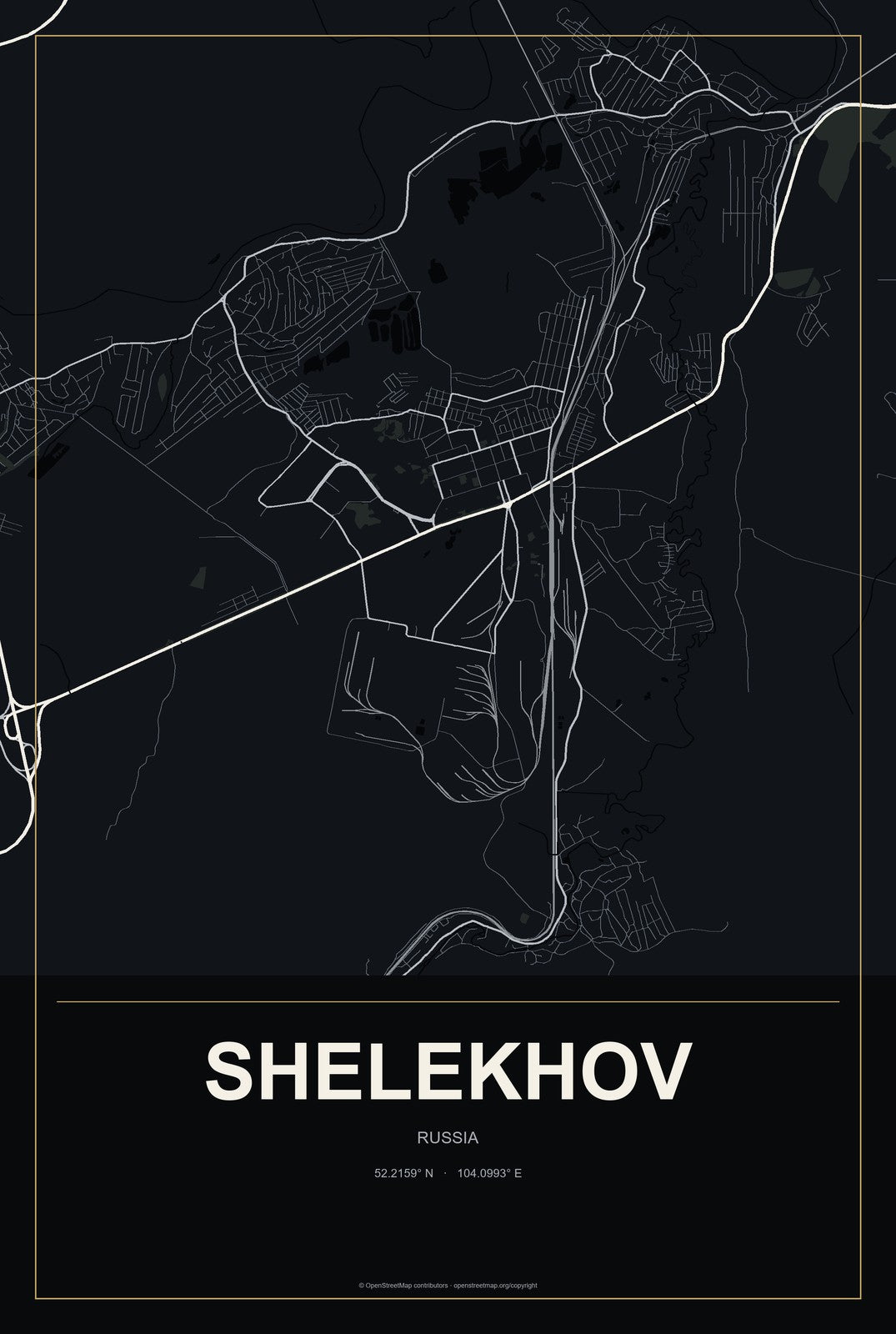 Shelekhov, Russia City Map Aluminum Sign in Metropolitan Noir style