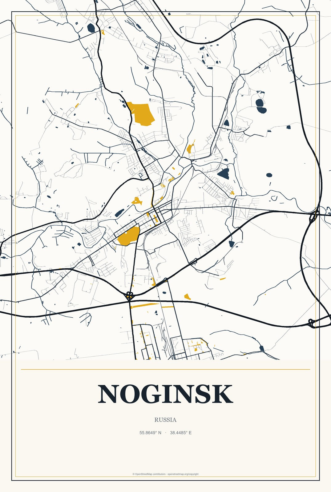 Noginsk, Russia City Map Aluminum Sign in Citrine Modern style