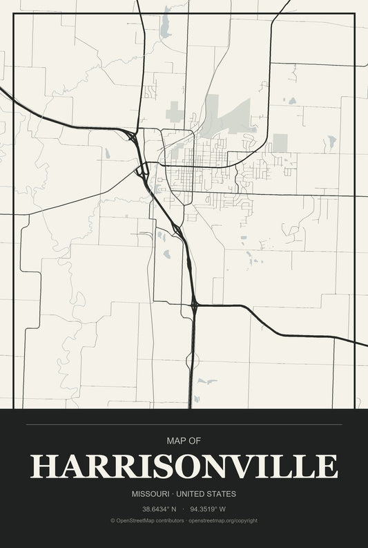 Harrisonville, Missouri City Map Aluminum Sign in Museum Plaque style